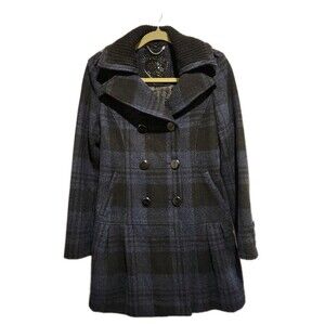 Guess Double-Breasted Skirted Navy & Black Plaid Wool Blend Pea Coat Size Small